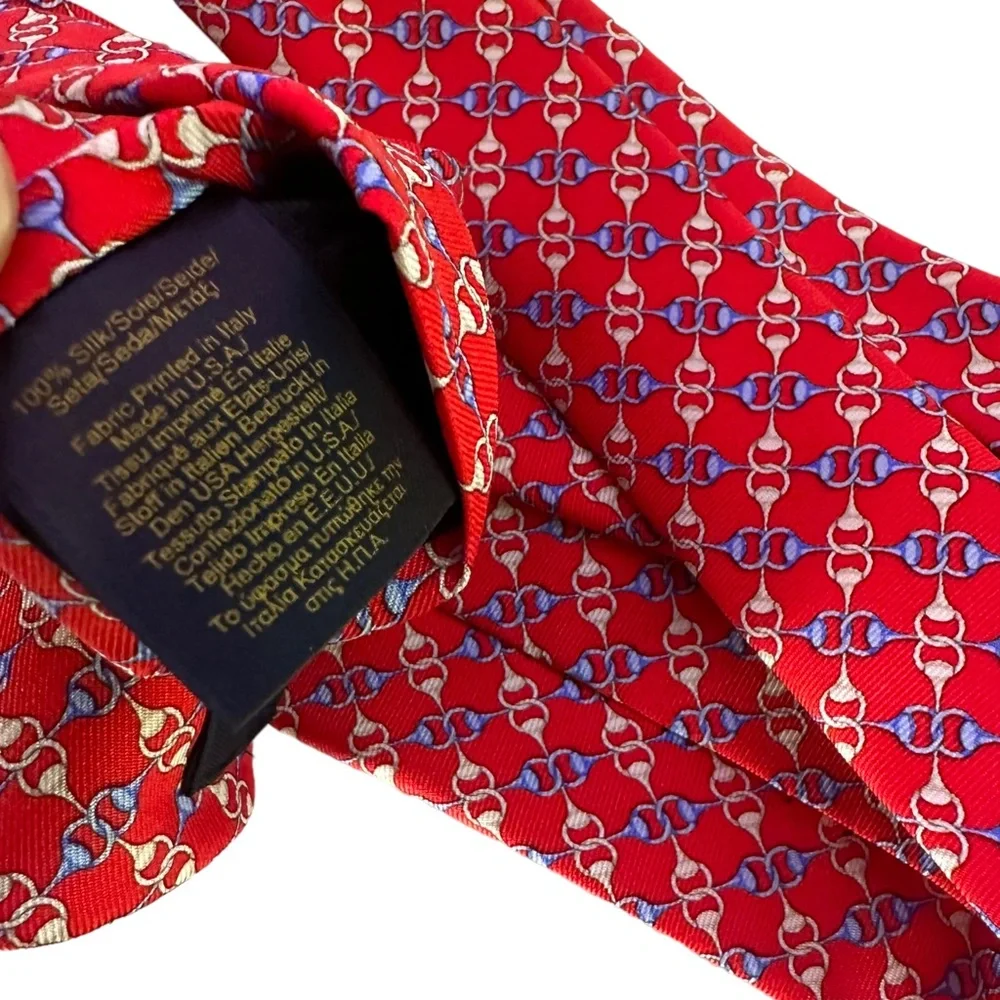 Brooks Brothers Men's Necktie Red White Blue Chain Link Equestrian 100% Silk Tie